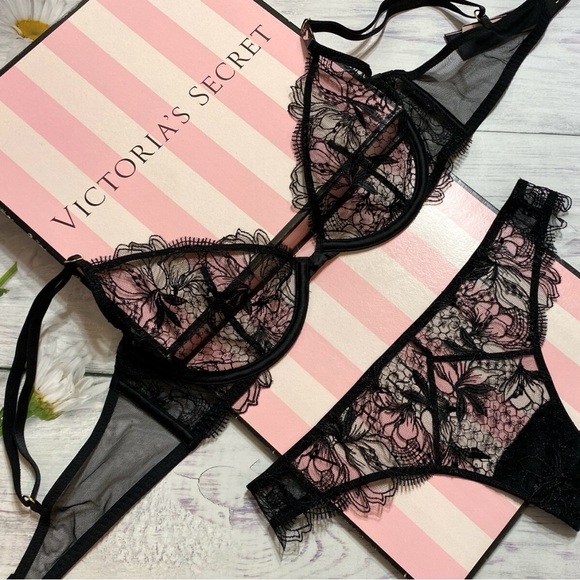 Victoria's Secret Very Sexy Unlined Floral Embroidered Lace Demi Bra Set - Picture 2 of 4